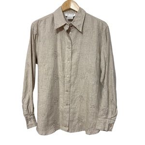 Silk Club Collection Womens Linen Shirt Floral Embroidered Button Down